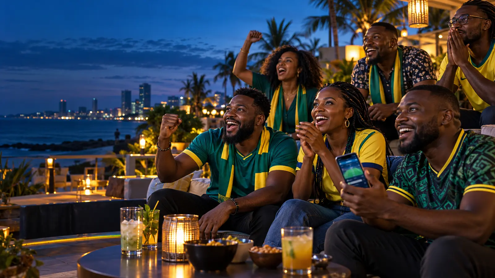 Supporters adultes à Libreville consultant un match sur téléphone
