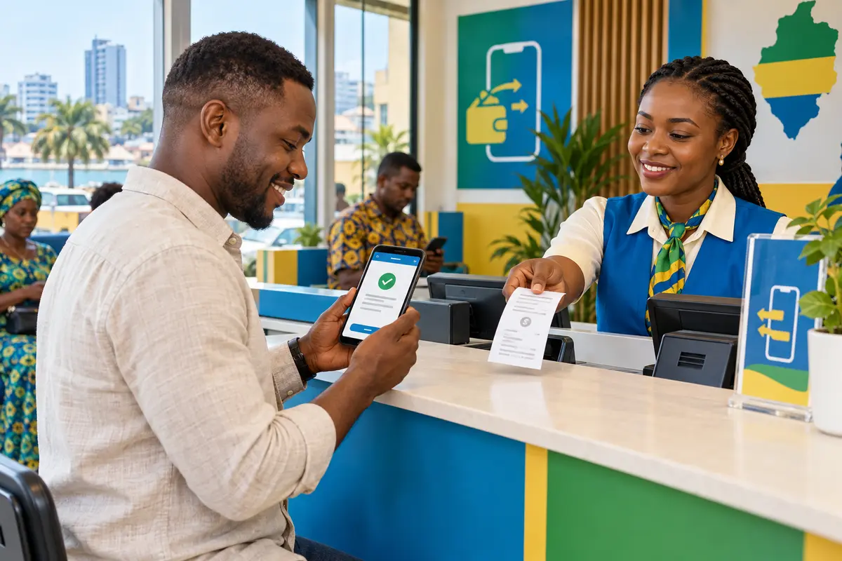 Client adulte confirmant un paiement mobile dans un point de service à Libreville